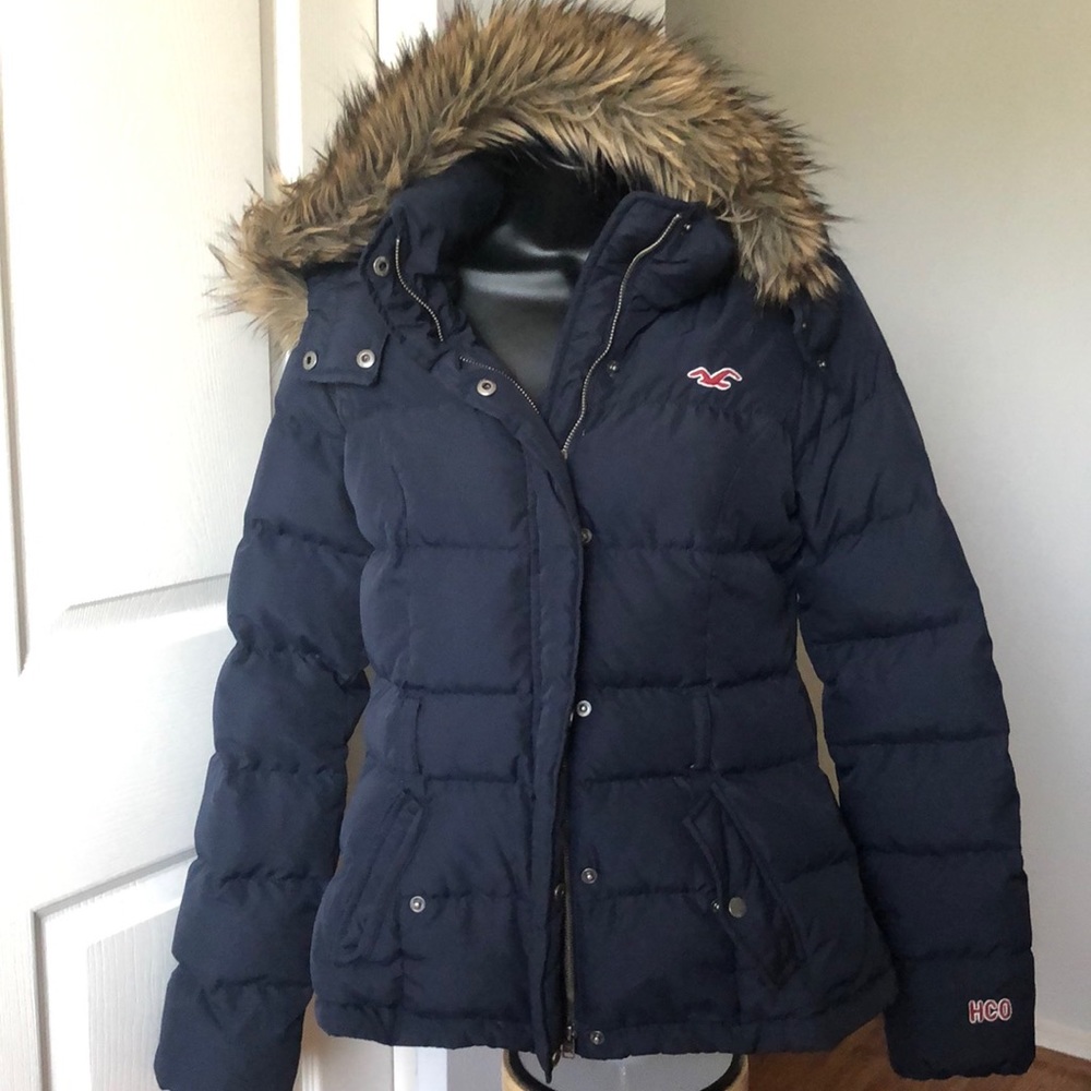 Hollister Navy Puffer Jacket with Faux Fur Hood